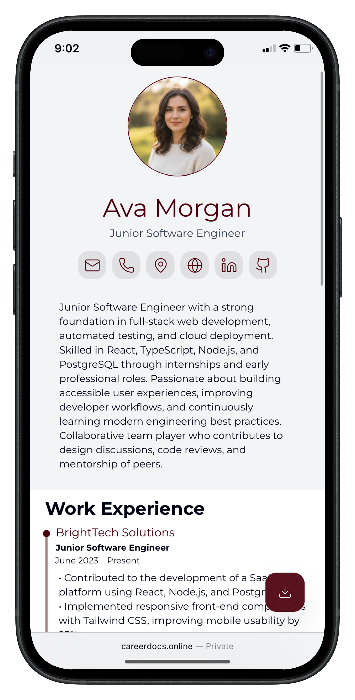 Resume preview on phone